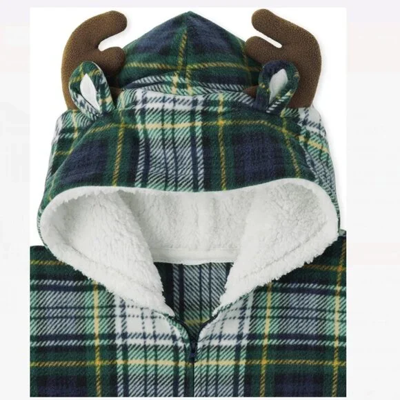 Children's Place Adult Buffalo Plaid Fleece One Piece Medium Pajama Set - Picture 3 of 11